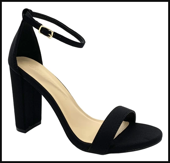 Image of black ankle strap chunky block heels 