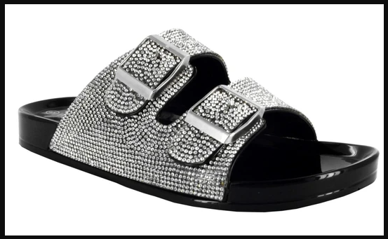 Image of black slip on jelly sandals with rhinestone detail