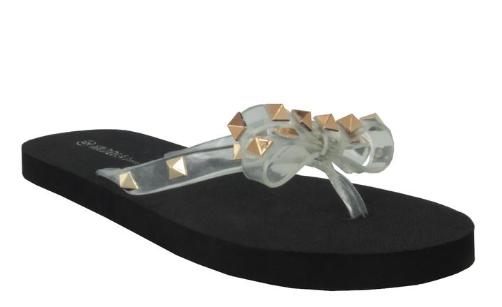 Image of clear strap studded black flip flop sandals