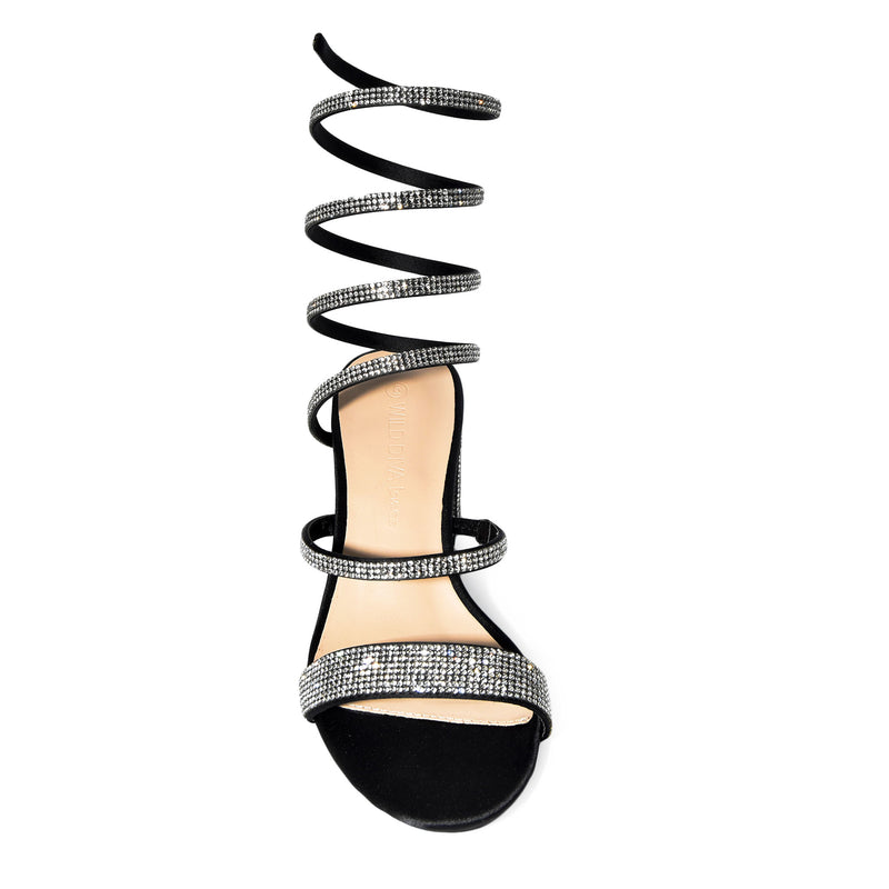 LARINA-192 Satin Rhinestone Spiral Ankle Strap Low Block Heels