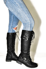 Wild Diva Women's Faux Leather Lace-Up Below The Knee Combat Fashion Military Boots