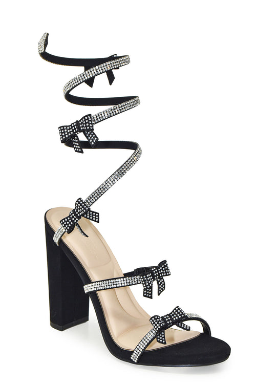 MORRIS-637 Embellished Coquette Bow Spiral Coil Wrap Around Block Heels