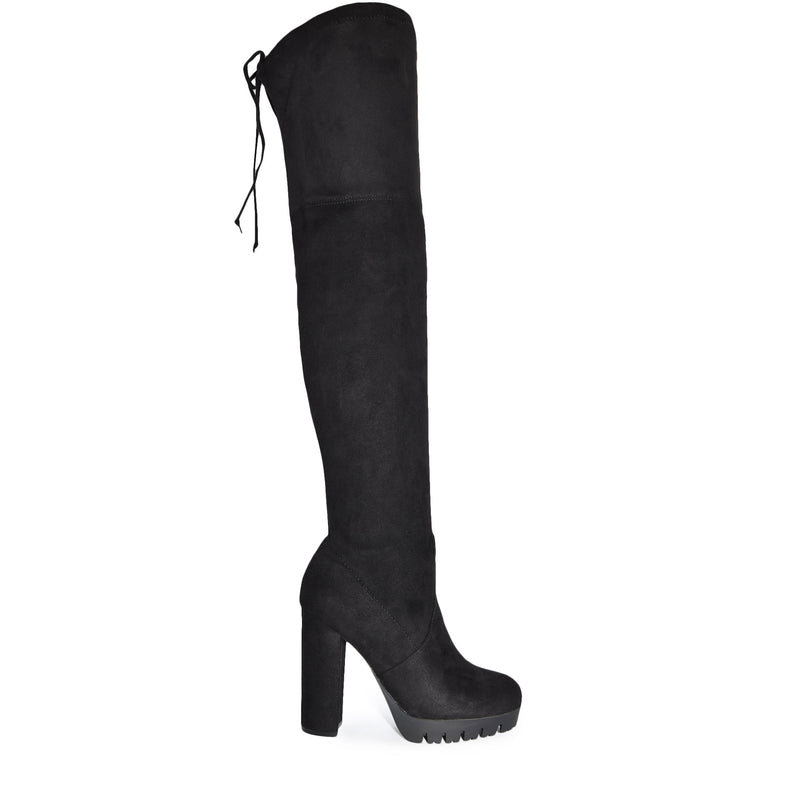 Women's Faux Suede Over-The-Knee Boots with Stacked Heels - Brown